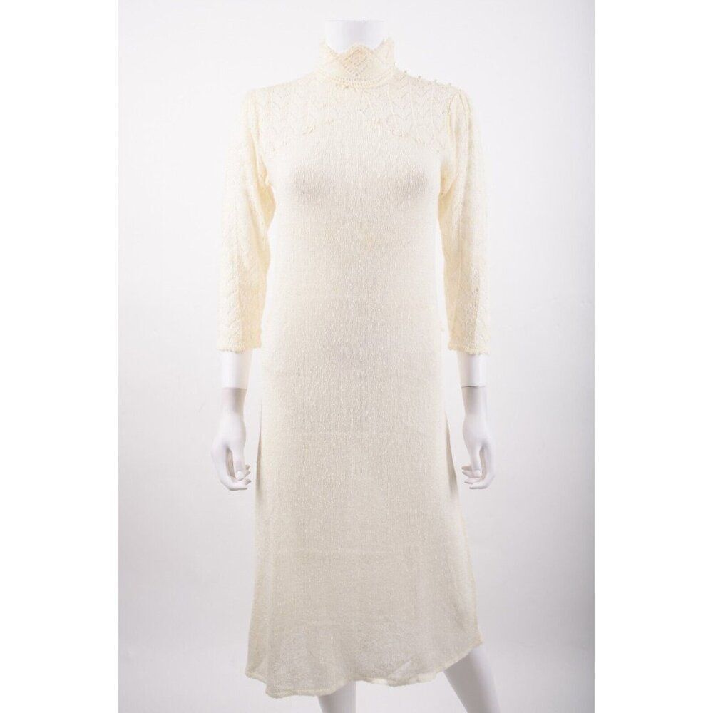 Vintage Dressworks by Alberoy Womans Dress Size M Ivory Knit Crochet Sleeves